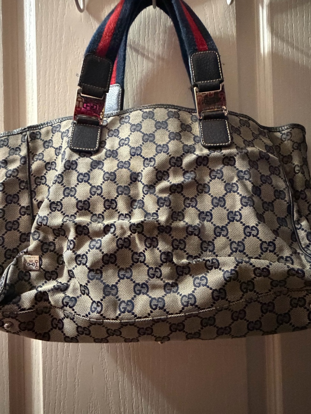 Gucci Beige Canvas GG Tote with Navy Monogram